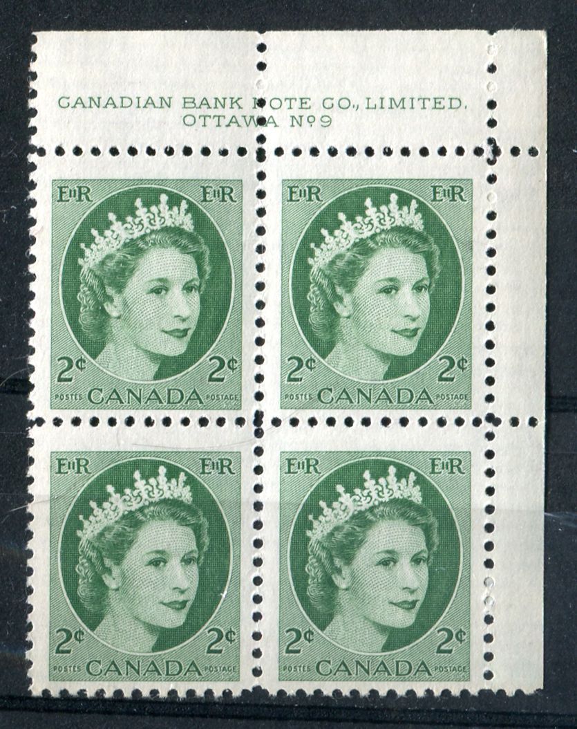 Canada #338 (SG#464) 2c Deep Green 1954 Wilding Issue Plate 9n UR DF GW Smooth Paper F-70 NH Brixton Chrome 