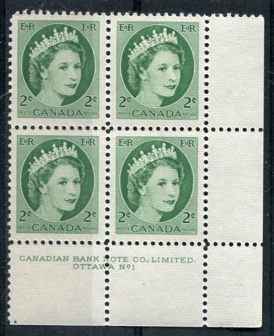 Canada #338 (SG#464) 2c Green 1954 Wilding Issue Plate 1 LR DF GW Ribbed Paper- VF-75 NH Brixton Chrome 