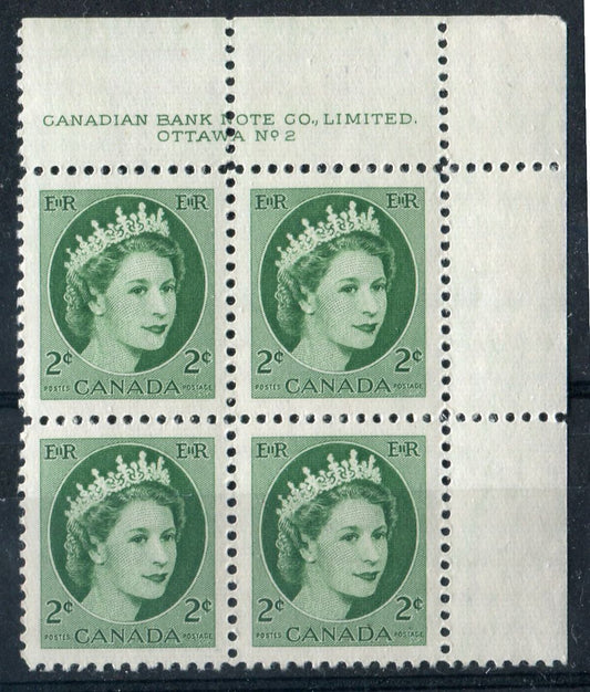 Canada #338 (SG#464) 2c Green 1954 Wilding Issue Plate 2 UR DF GW Ribbed Paper- VF-84 NH Brixton Chrome 