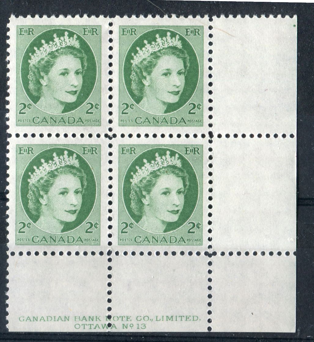 Canada #338iv (SG#464) 2c Green 1954 Wilding Issue Plate 13 LR Dot DF GW Smooth Paper VF-75 NH Brixton Chrome 