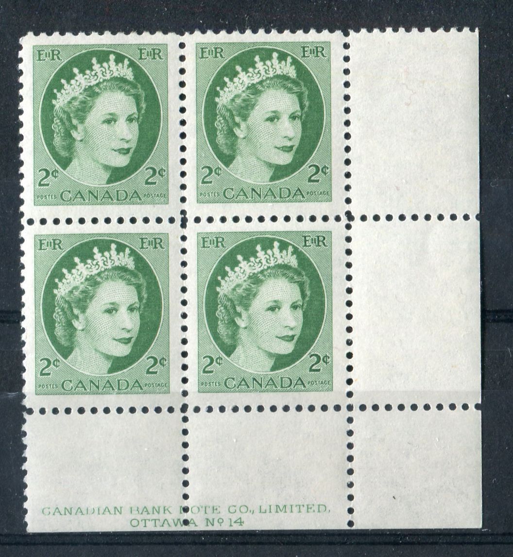 Canada #338iv (SG#464) 2c Green 1954 Wilding Issue Plate 14 LR DF Greyish Smooth Paper VF-75 NH Brixton Chrome 
