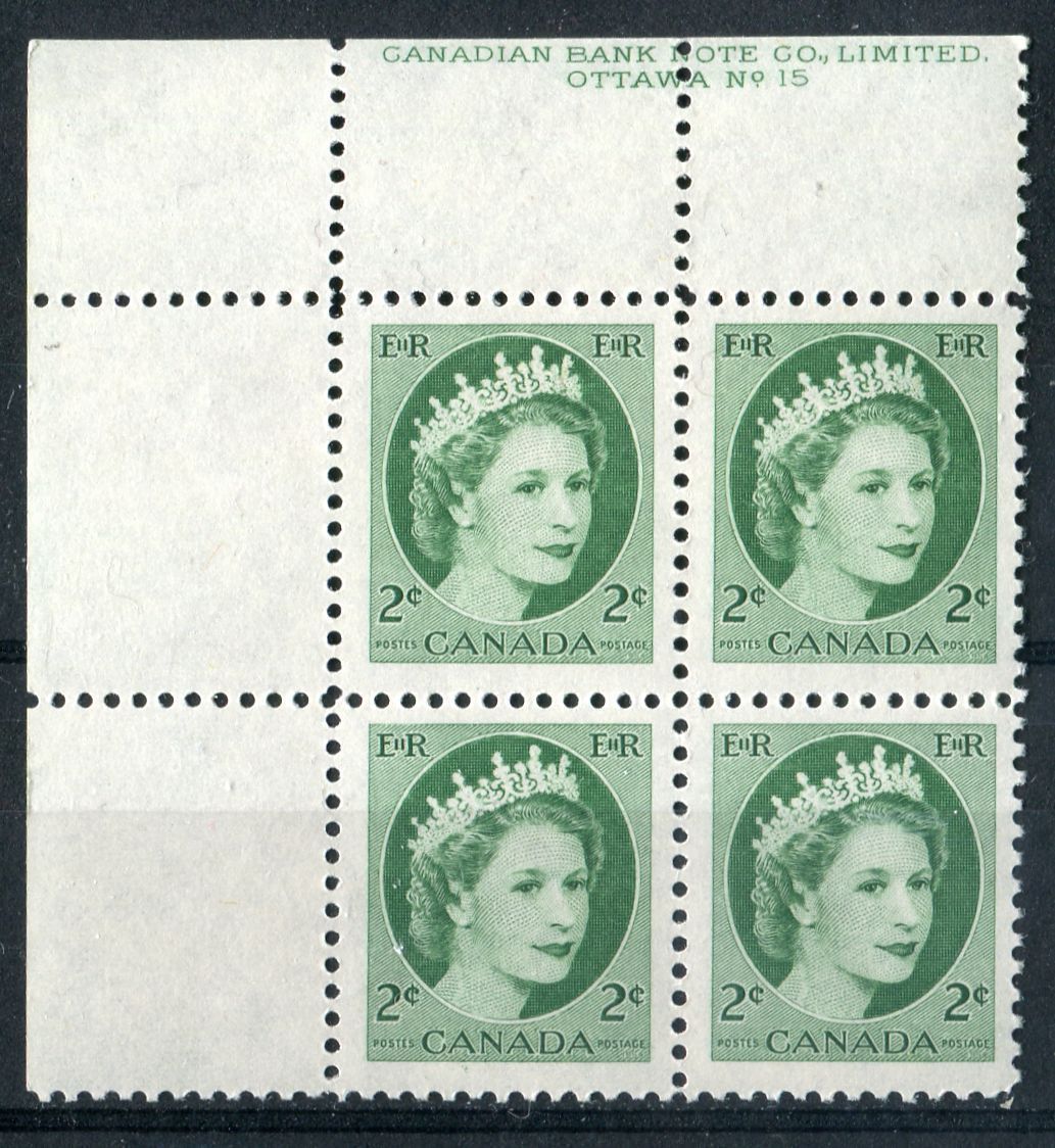 Canada #338iv (SG#464) 2c Green 1954 Wilding Issue Plate 15 UL DF Greyish Smooth Paper VF-75 NH Brixton Chrome 