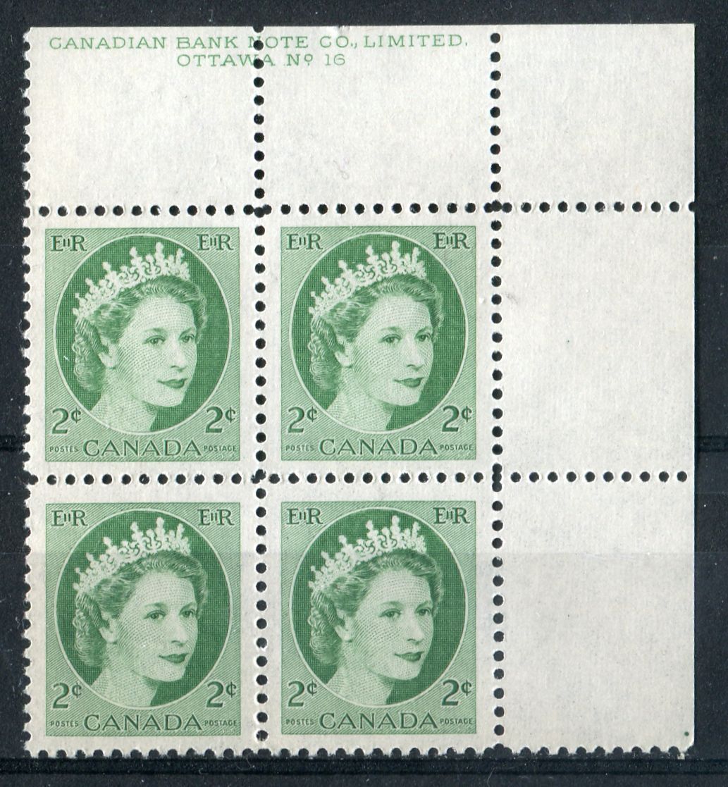 Canada #338iv (SG#464) 2c Green 1954 Wilding Issue Plate 16 UR NF Light Violet Ribbed Paper VF-80 NH Brixton Chrome 