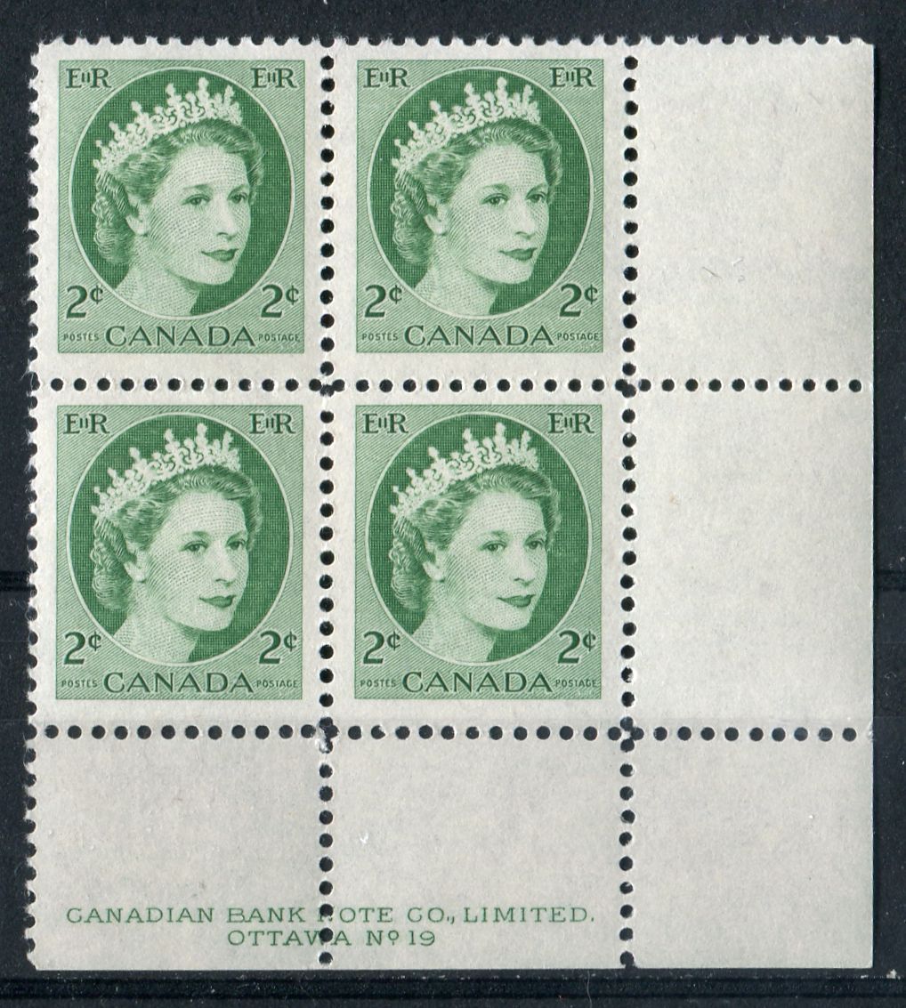 Canada #338iv (SG#464) 2c Green 1954 Wilding Issue Plate 19 LR NF Greyish Smooth Paper VF-75 NH Brixton Chrome 