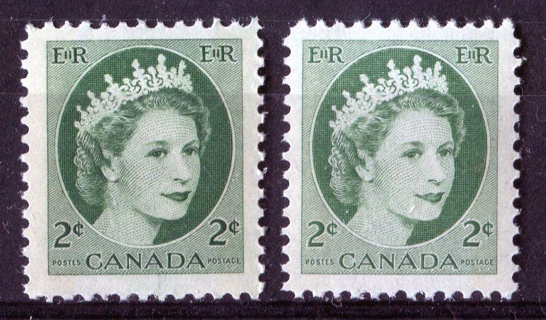 Canada #338p (SG#464p) 2c Green 1954 Wilding Issue W2B 2 Different Shades & Tags VF-75 NH Brixton Chrome 
