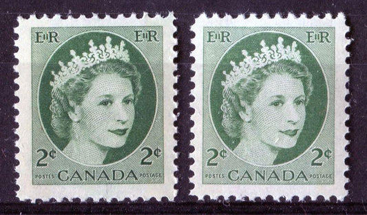 Canada #338p (SG#464p) 2c Green 1954 Wilding Issue W2B 2 Different Shades & Tags VF-75 NH Brixton Chrome 