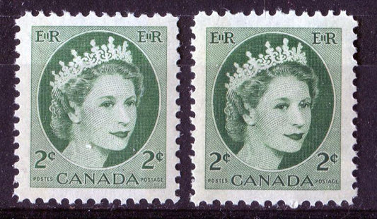 Canada #338p (SG#464p) 2c Green 1954 Wilding Issue W2B 2 Different Shades & Tags VF-80 NH Brixton Chrome 