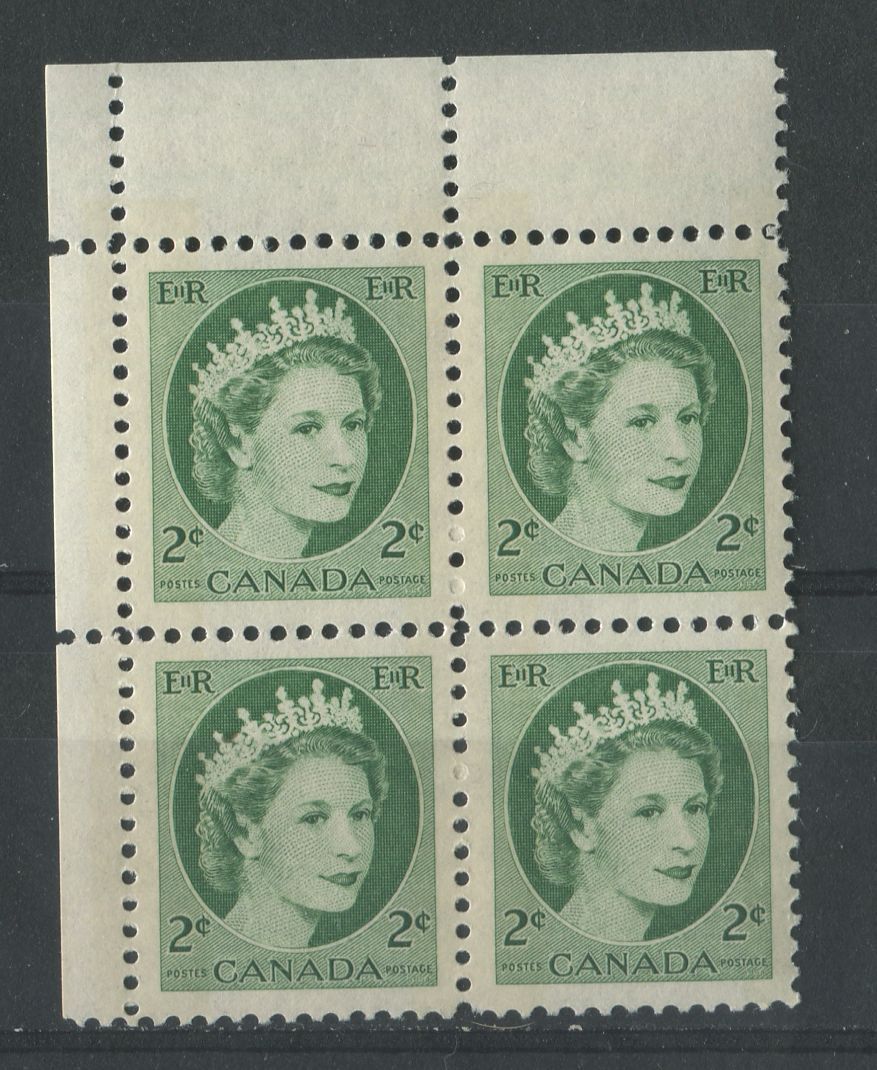 Canada #338p (SG#464p) 2c Green 1954 Wilding Issue W2B Tag UL DF Gr. Smooth Paper VF-80 LH Brixton Chrome 