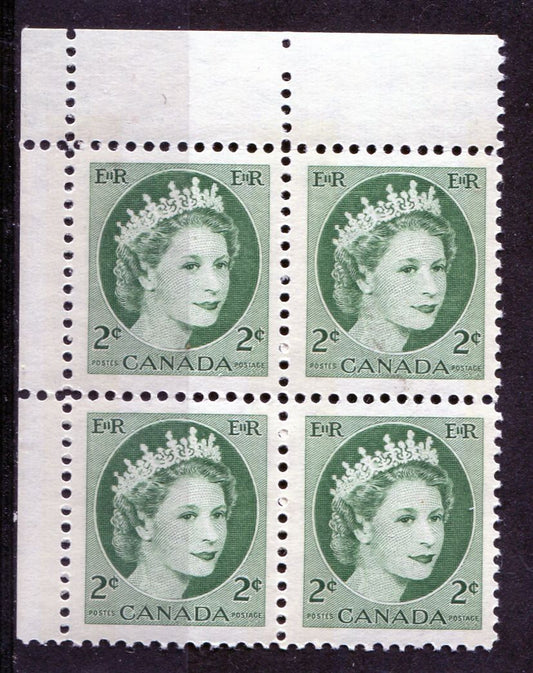 Canada #338p (SG#464p) 2c Green 1954 Wilding Issue W2B Tag UL DF Greyish Ribbed Paper VF-75 NH Brixton Chrome 