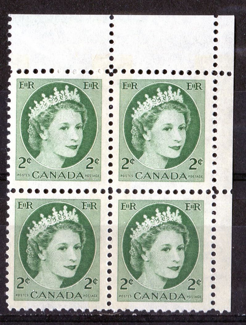 Canada #338p (SG#464p) 2c Green 1954 Wilding Issue W2B Tag UR DF Greyish Ribbed Paper VF-75 NH Brixton Chrome 