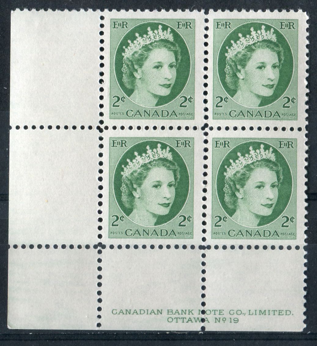 Canada #338v (SG#464) 2c Green 1954 Wilding Issue Plate 19 LL NF-fl Gr. Smooth Paper VF-75 NH Brixton Chrome 
