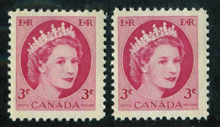 Canada #339p (SG#465p) 3c Carmine 1954 Wilding Issue W2B 2 Different Papers F-70 NH Brixton Chrome 