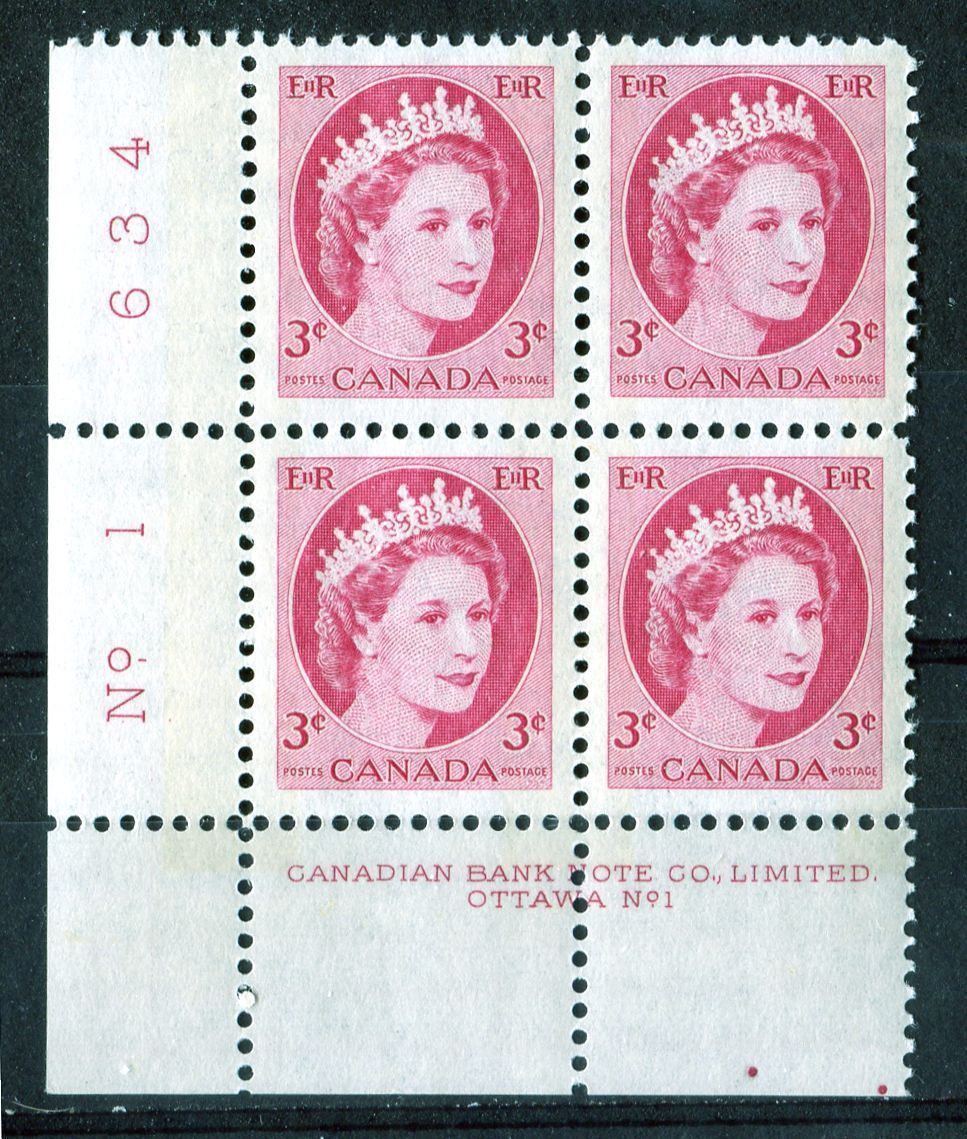 Canada #339p (SG#465p) 3c Carmine 1954 Wilding Issue W2B Plate 1 LL DF LV Ribbed Paper VF-80 NH Brixton Chrome 