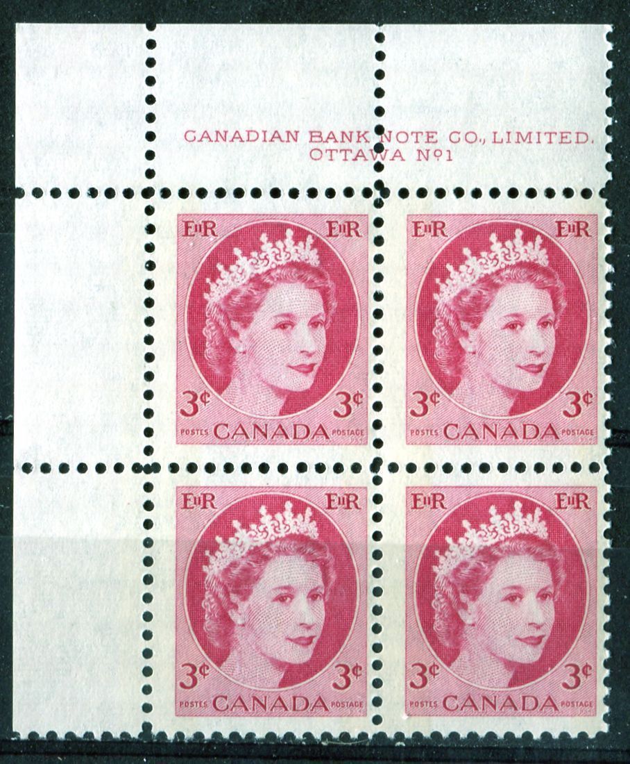 Canada #339p (SG#465p) 3c Carmine 1954 Wilding Issue W2B Plate 1 UL 3 Different Paper Types F-70 NH Brixton Chrome 