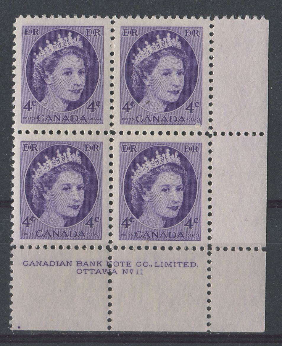 Canada #340 (SG#466) 4c Bluish Violet 1954 Wilding Issue Plate 11 LR DF GW Smooth Paper VF-80 NH Brixton Chrome 