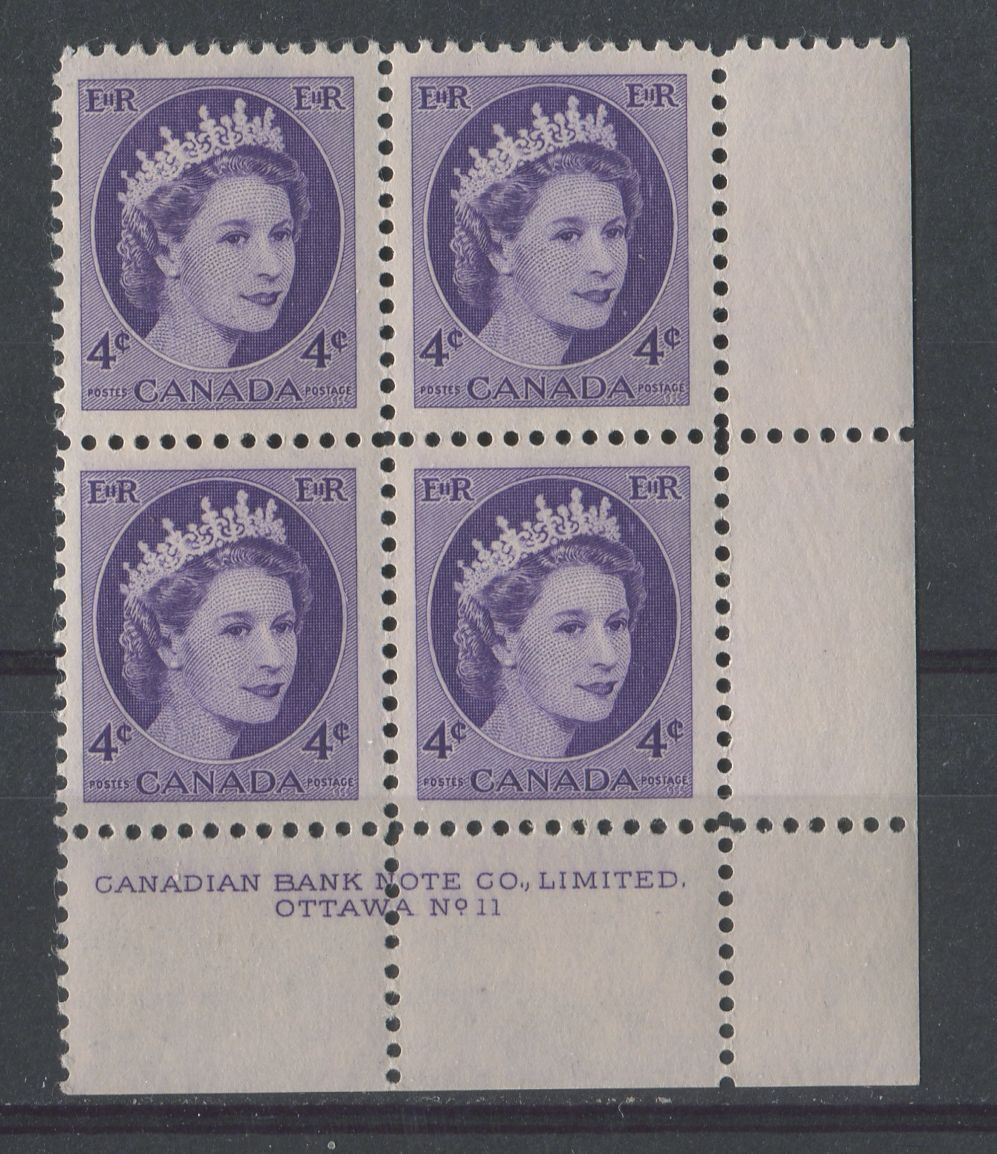 Canada #340 (SG#466) 4c Bluish Violet 1954 Wilding Issue Plate 11 LR DF GW Smooth Paper VF-80 NH Brixton Chrome 