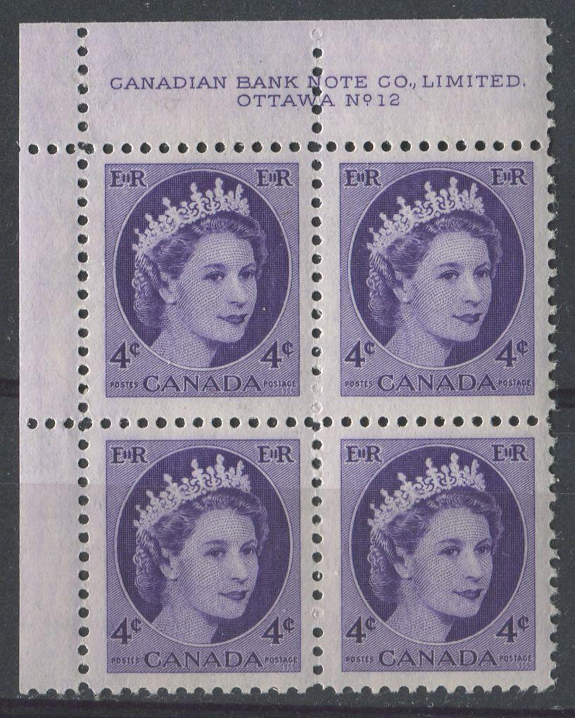 Canada #340 (SG#466) 4c Bluish Violet 1954 Wilding Issue Plate 12n UL DF LV Smooth Paper VF-75 NH Brixton Chrome 