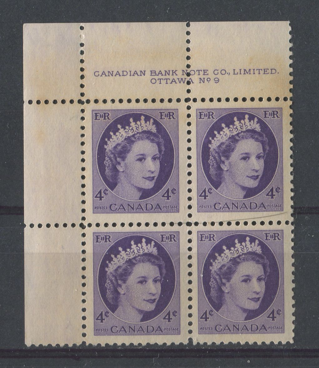 Canada #340 (SG#466) 4c Bluish Violet 1954 Wilding Issue Plate 9 UL DF Ivory Smooth Paper F-70 NH Brixton Chrome 