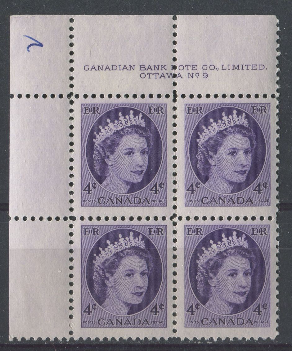 Canada #340 (SG#466) 4c Bluish Violet 1954 Wilding Issue Plate 9 UL DF LV Smooth Paper VF-75 NH Brixton Chrome 