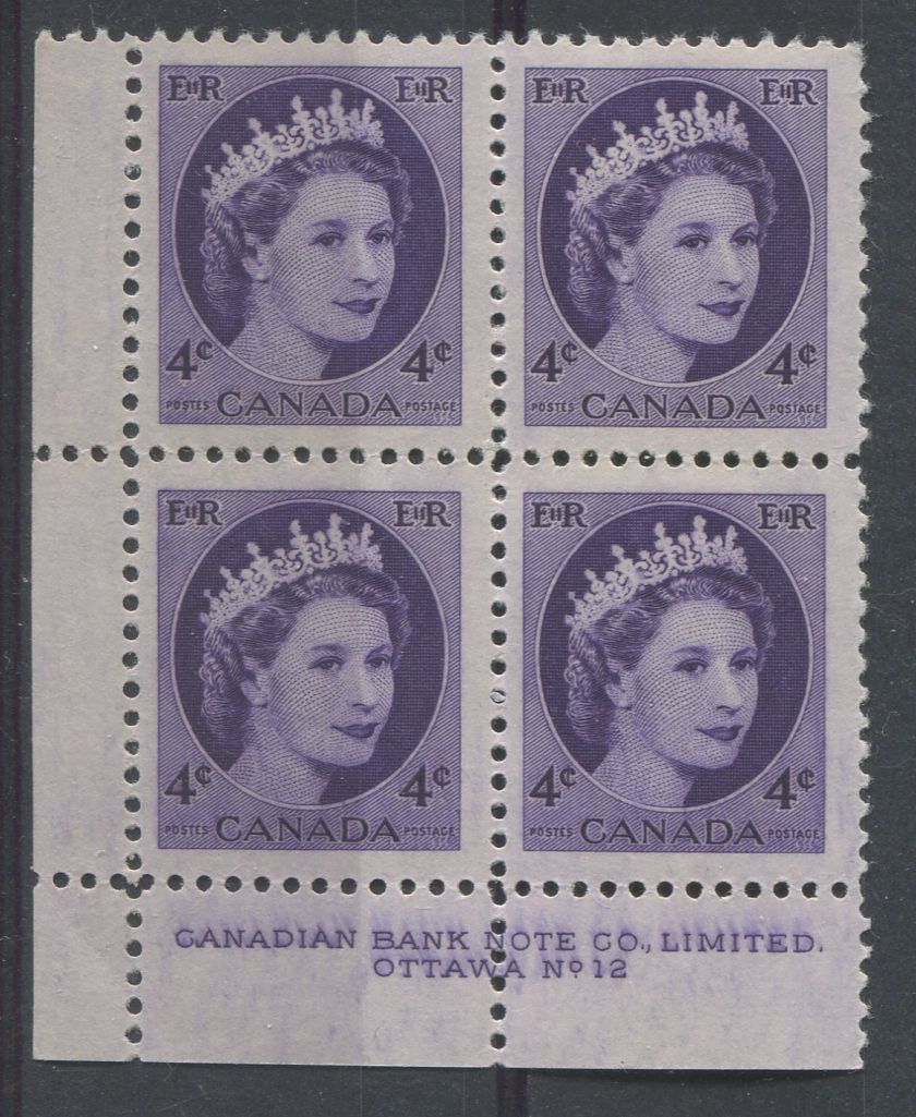 Canada #340 (SG#466) 4c Deep Violet 1954 Wilding Issue Plate 12n LL DF GW Smooth Paper F-70 NH Brixton Chrome 