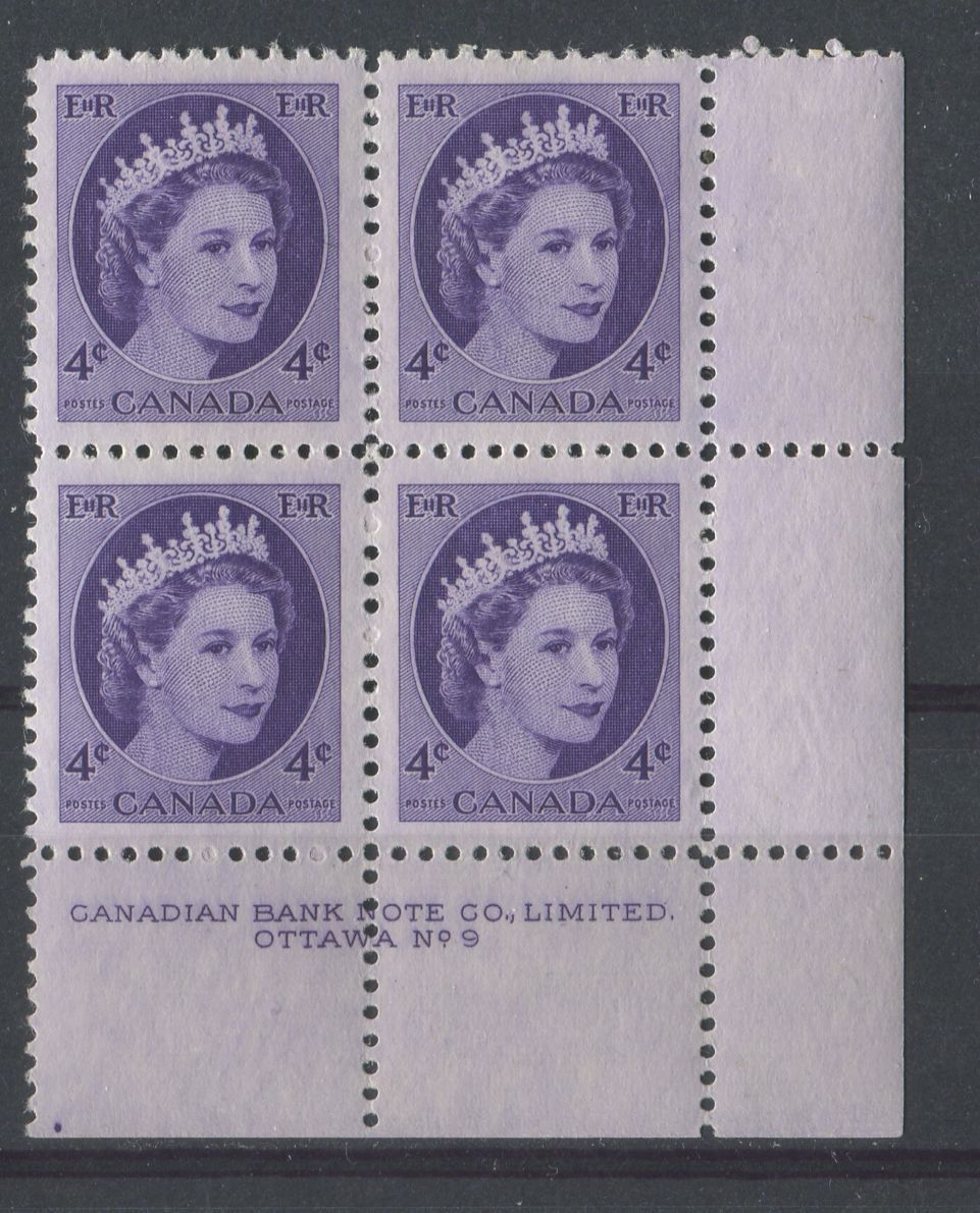 Canada #340 (SG#466) 4c Milky Violet 1954 Wilding Issue Plate 9 LR DF LV Smooth Paper VF-80 NH Brixton Chrome 