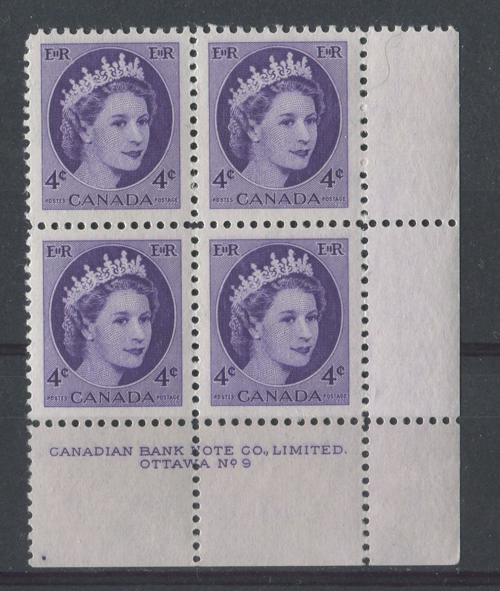 Canada #340 (SG#466) 4c Milky Violet 1954 Wilding Issue Plate 9 LR DF VW Smooth Paper VF-84 NH Brixton Chrome 