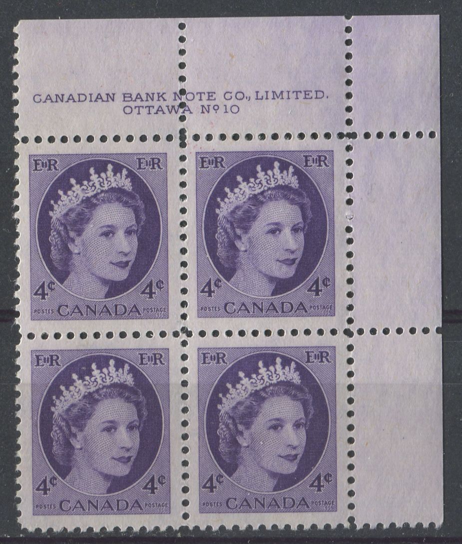 Canada #340 (SG#466) 4c Violet 1954 Wilding Issue Plate 10 UR DF Greyish Smooth Paper VF-80 NH Brixton Chrome 