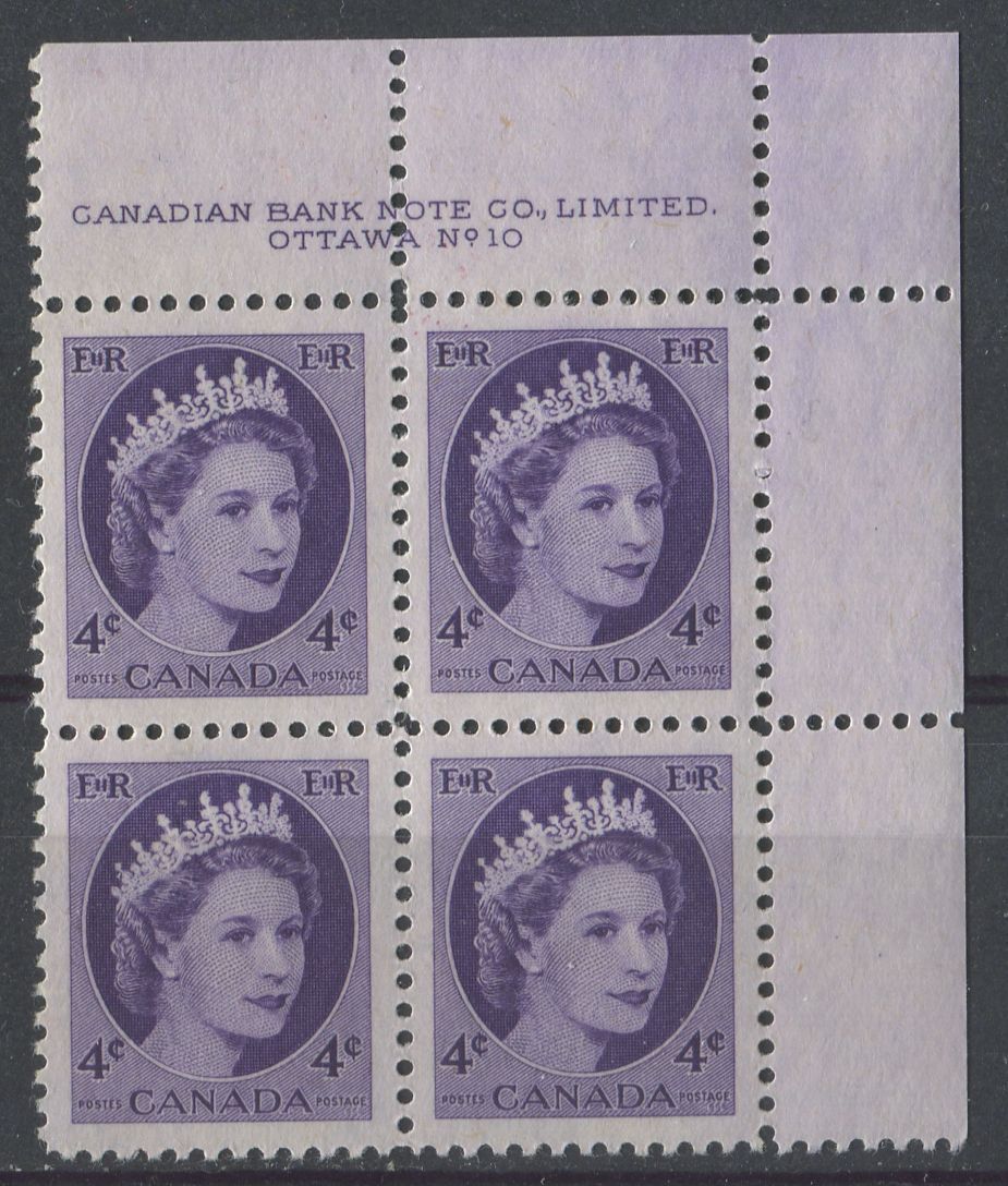 Canada #340 (SG#466) 4c Violet 1954 Wilding Issue Plate 10 UR NF Violet Smooth Paper VF-80 NH Brixton Chrome 