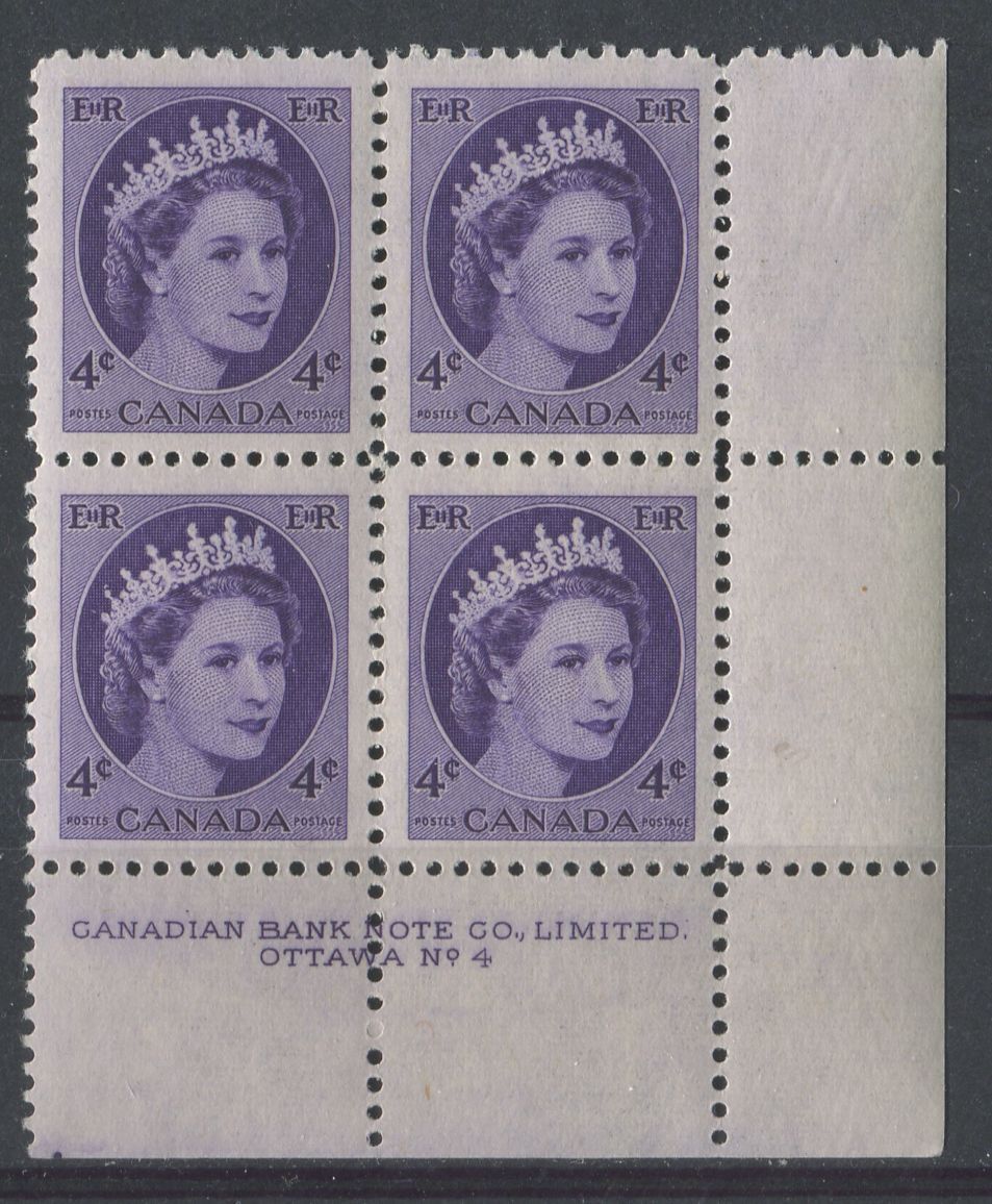 Canada #340 (SG#466) 4c Violet 1954 Wilding Issue Plate 4 LR DF GW Ribbed Paper VF-75 LH Brixton Chrome 