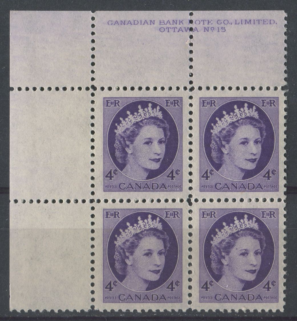Canada #340i (SG#466) 4c Bluish Violet 1954 Wilding Issue Plate 15 UL DF GW Smooth Paper VF-78 NH Brixton Chrome 