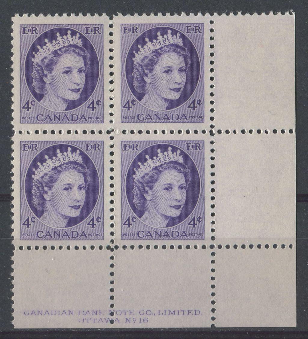 Canada #340i (SG#466) 4c Bluish Violet 1954 Wilding Issue Plate 16 LR DF Gr. Ribbed Paper VF-80 NH Brixton Chrome 