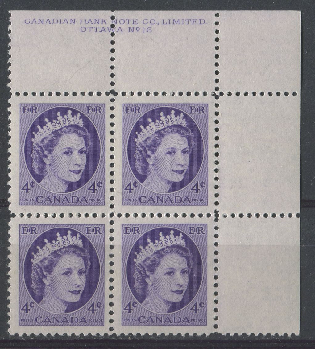 Canada #340i (SG#466) 4c Bluish Violet 1954 Wilding Issue Plate 16 UR DF Gr. Ribbed Paper VF-80 NH Brixton Chrome 
