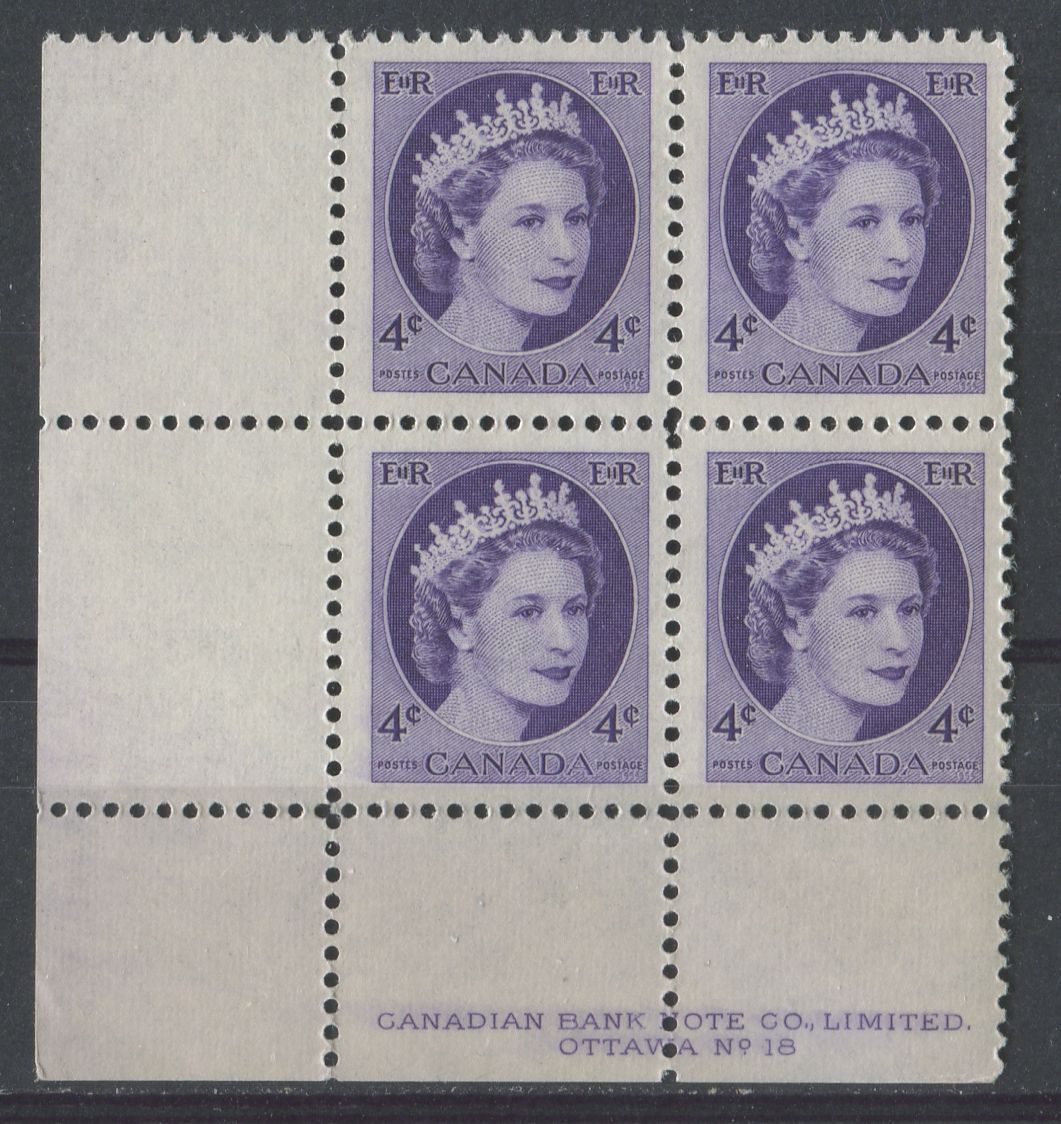 Canada #340i (SG#466) 4c Bluish Violet 1954 Wilding Issue Plate 18 LL GW Ribbed Paper VF-80 NH Brixton Chrome 