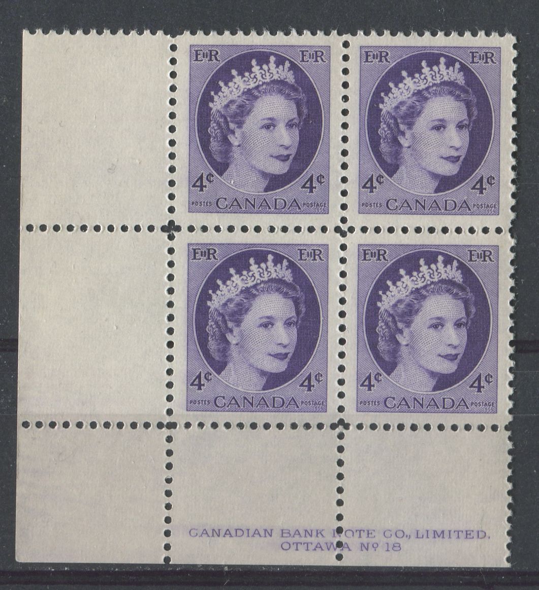 Canada #340i (SG#466) 4c Deep Violet 1954 Wilding Issue Plate 18 LL DF LV Ribbed Paper VF-84 NH Brixton Chrome 