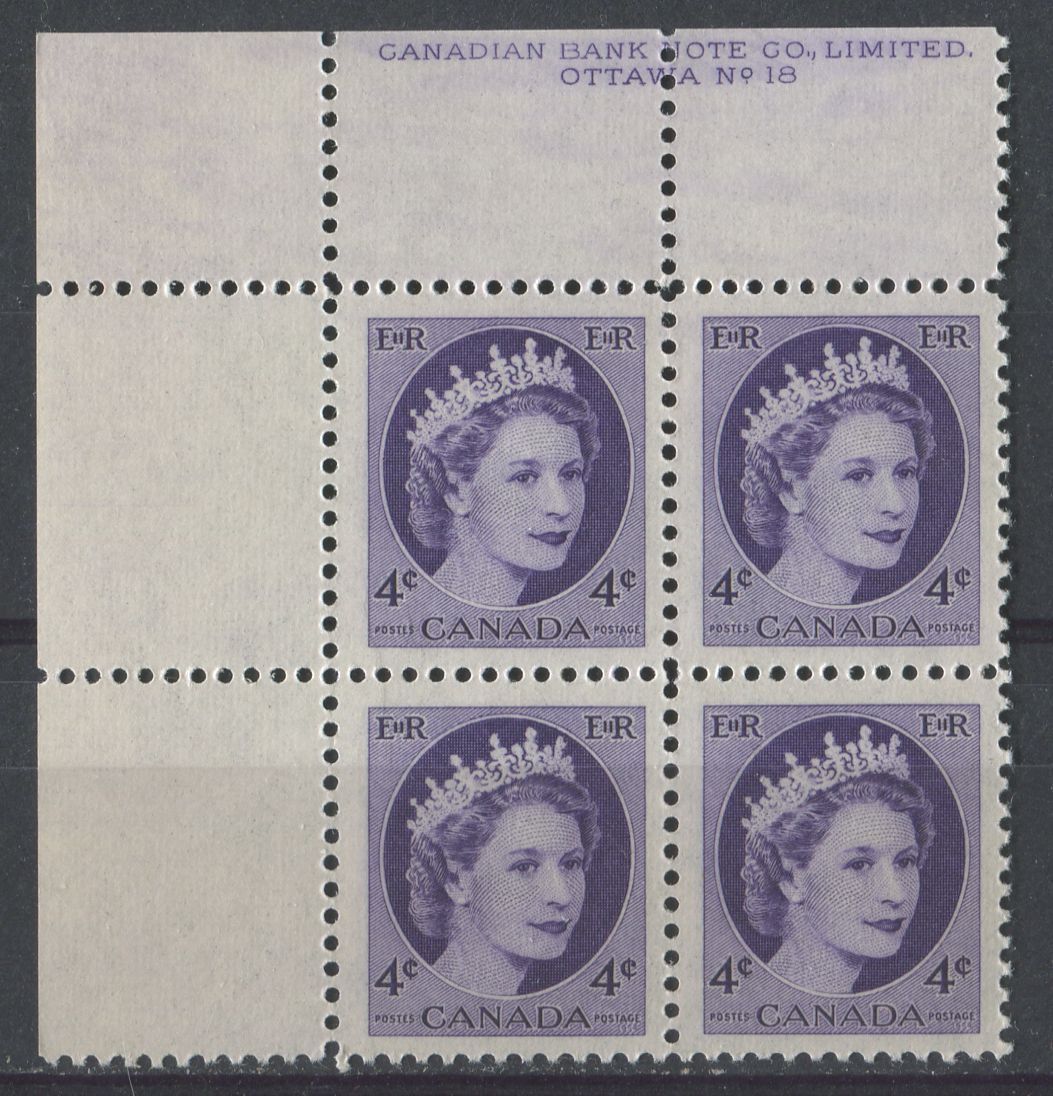 Canada #340i (SG#466) 4c Deep Violet 1954 Wilding Issue Plate 18 UL DF Gr. Ribbed Paper VF-75 NH Brixton Chrome 