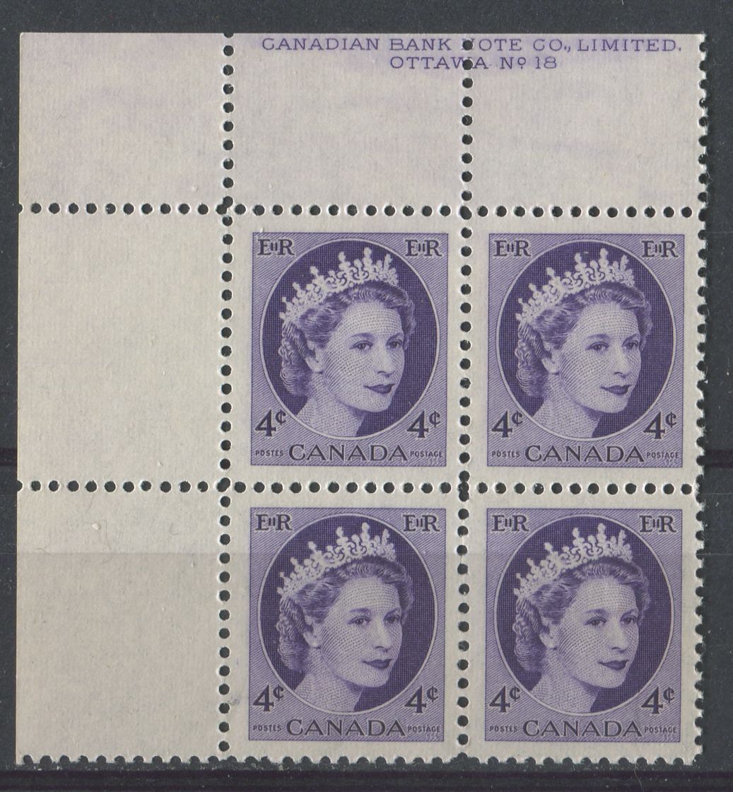 Canada #340i (SG#466) 4c Deep Violet 1954 Wilding Issue Plate 18 UL DF Gr. Ribbed Paper VF-80 NH Brixton Chrome 