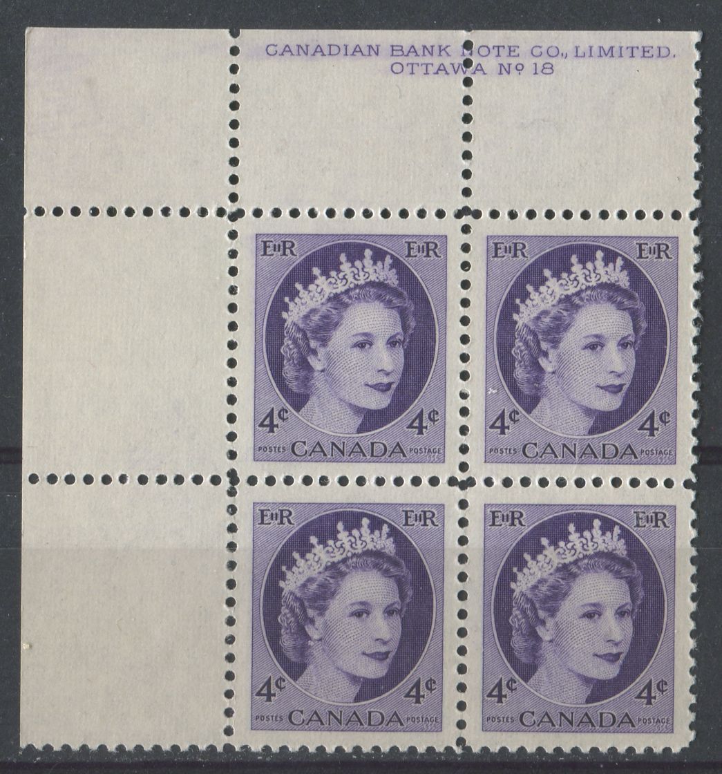 Canada #340i (SG#466) 4c Deep Violet 1954 Wilding Issue Plate 18 UR DF Gr. Ribbed Paper VF-84 NH Brixton Chrome 