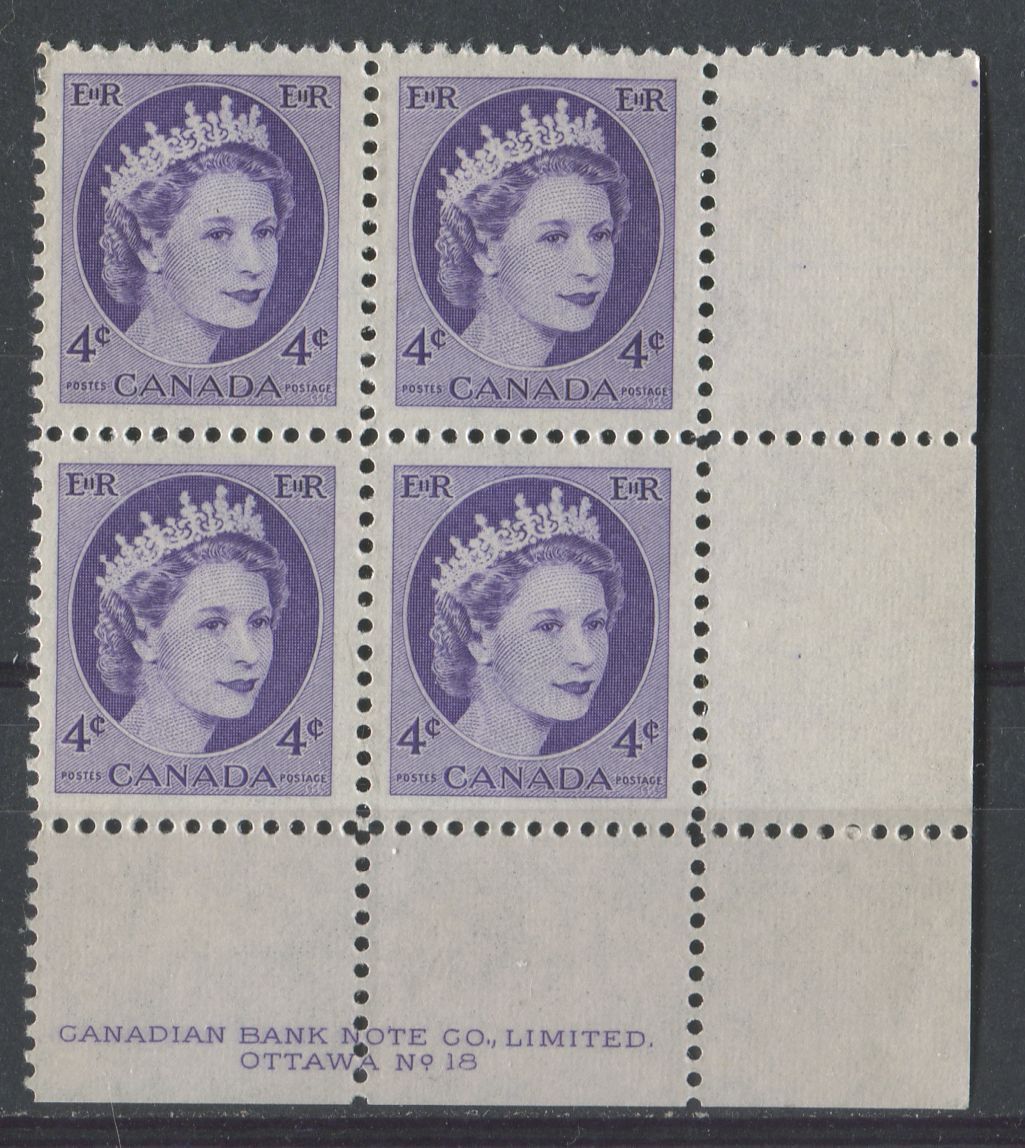 Canada #340i (SG#466) 4c Dull Violet 1954 Wilding Issue Plate 18 LR DF LV Ribbed Paper VF-80 NH Brixton Chrome 