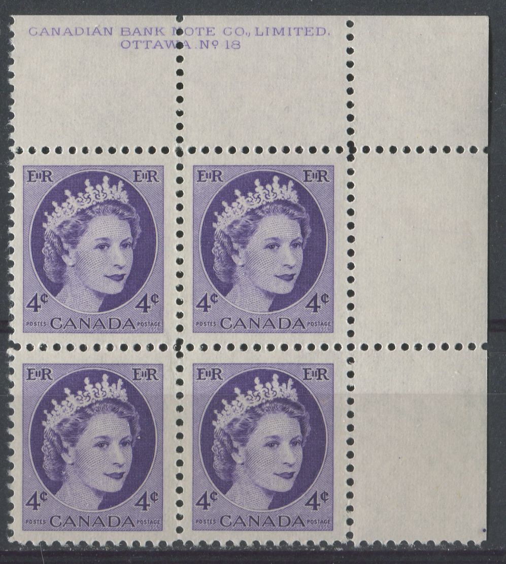Canada #340i (SG#466) 4c Dull Violet 1954 Wilding Issue Plate 18 UR DF LV Ribbed Paper VF-75 NH Brixton Chrome 