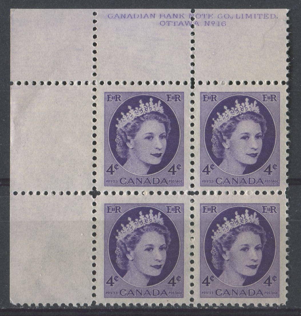 Canada #340i (SG#466) 4c Violet 1954 Wilding Issue Plate 16 UL DF Gr. Smooth Paper VF-75 NH Brixton Chrome 