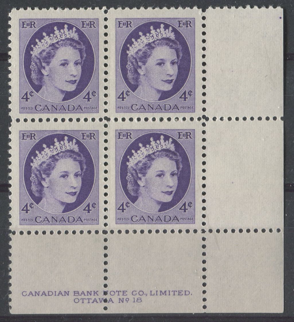 Canada #340i (SG#466) 4c Violet 1954 Wilding Issue Plate 18 LR 2 Different Shades VF-75 NH Brixton Chrome 
