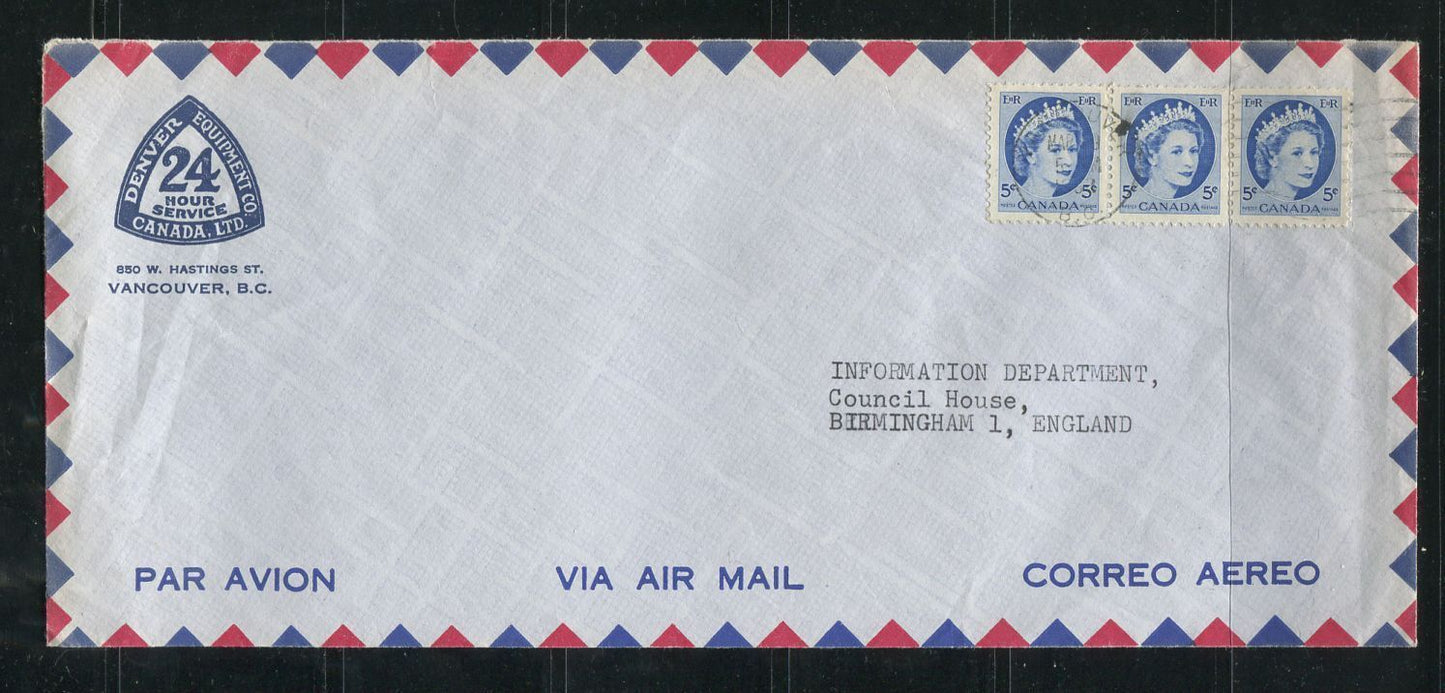 Canada #341 (SG#467) 5c 1954 Wilding Issue Strip of 3 on Airmail Cover to UK VF-80 Brixton Chrome 