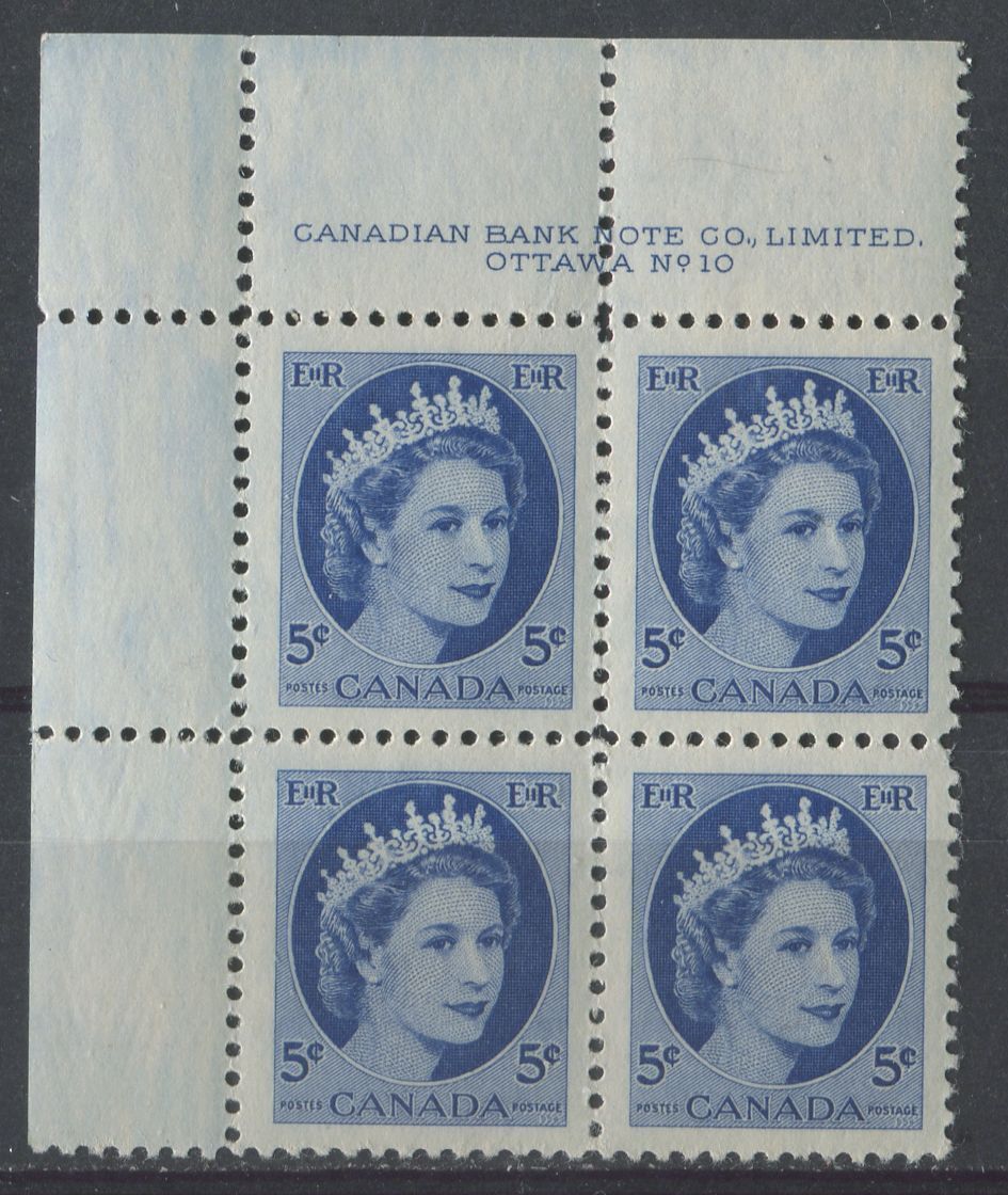 Canada #341 (SG#467) 5c Deep Bright Blue 1954 Wilding Issue Plate 10 UL DF Iv. Ribbed Paper VF-78 NH Brixton Chrome 