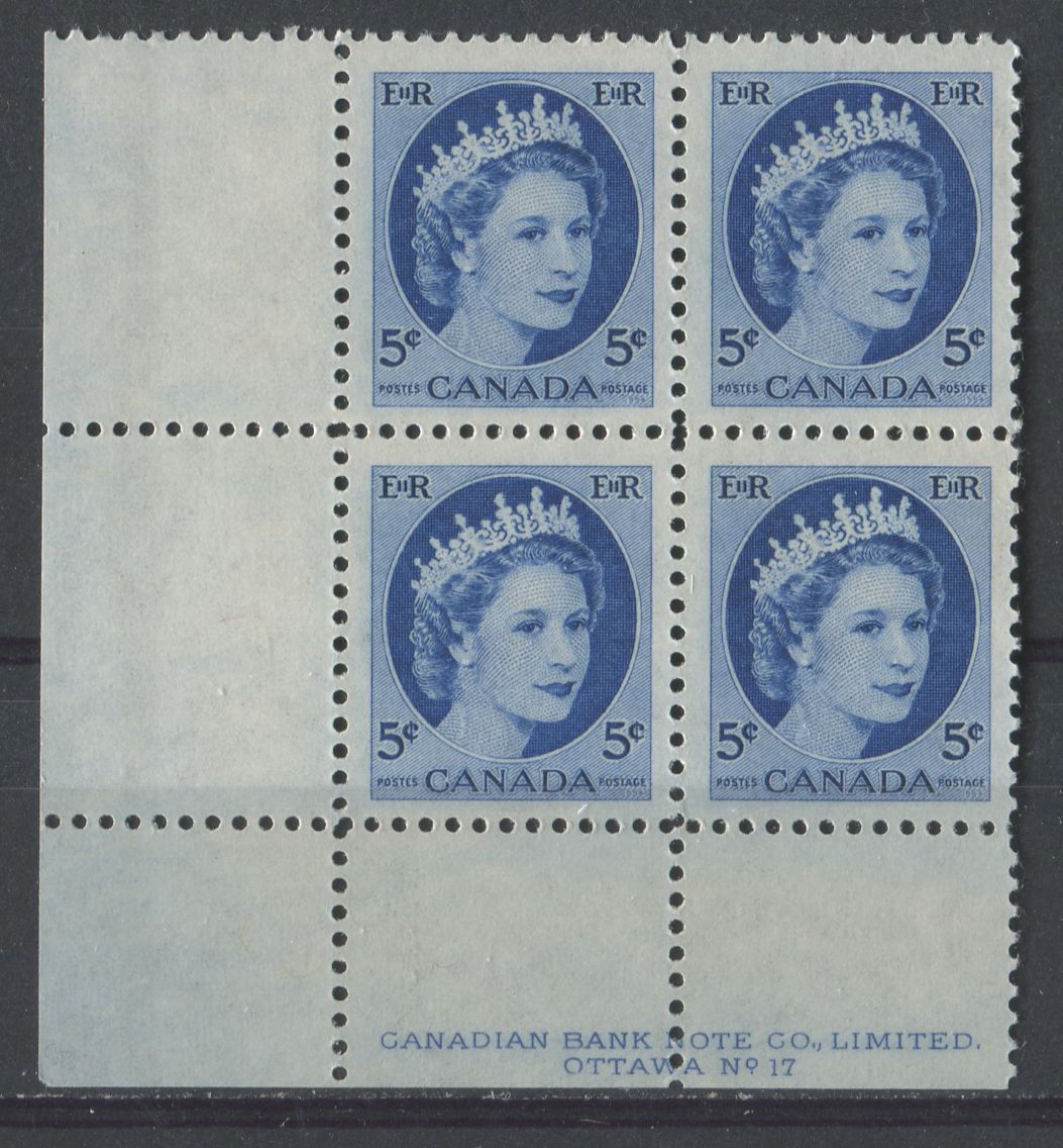 Canada #341i (SG#467) 5c Dark Blue 1954 Wilding Issue Plate 17 LL DF GW Smooth Paper VF-75 NH Brixton Chrome 