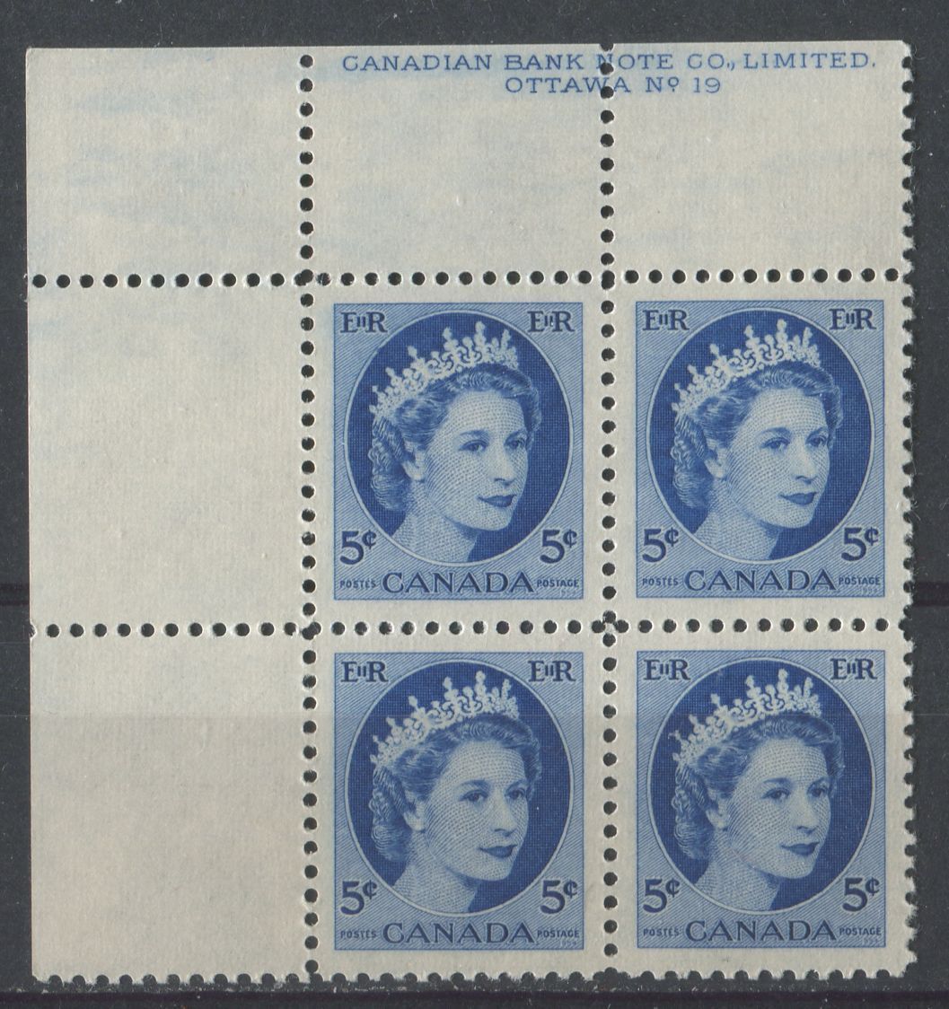 Canada #341i (SG#467) 5c Dark Blue 1954 Wilding Issue Plate 19 UL DF GW Ribbed Paper VF-80 NH Brixton Chrome 