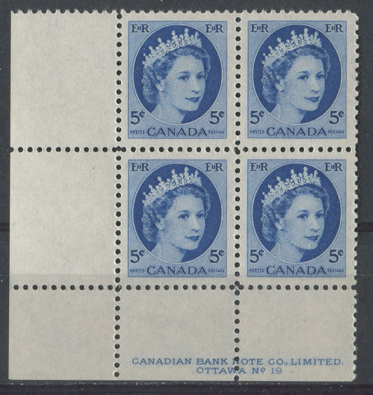 Canada #341i (SG#467) 5c Navy Blue 1954 Wilding Issue Plate 19 LL DF Gr. Ribbed Paper VF-80 NH Brixton Chrome 
