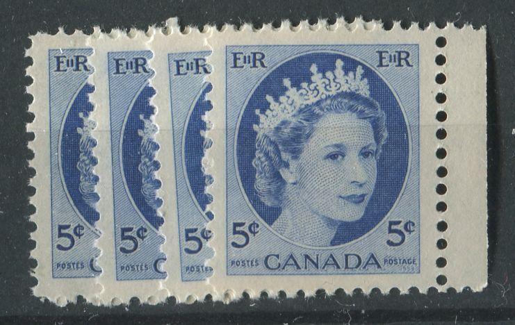 Canada #341i (SG#467) 5c Ultramarine 1954 Wilding Issue Selection of 4 Different Papers and Shades Group "A" VF-80 NH Brixton Chrome 
