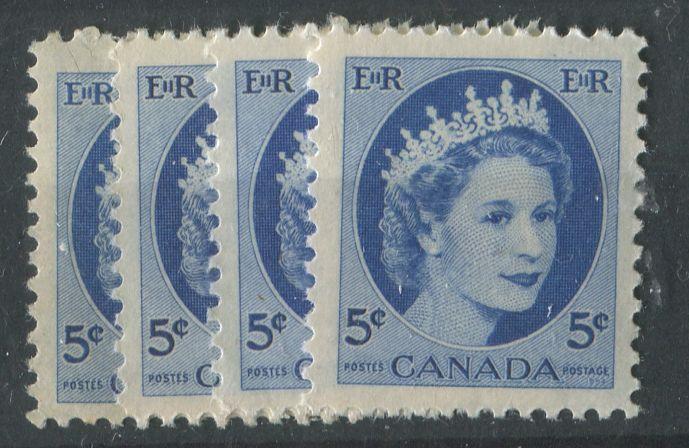 Canada #341i (SG#467) 5c Ultramarine 1954 Wilding Issue Selection of 4 Different Papers or Shades Group "A" VF-75 NH Brixton Chrome 