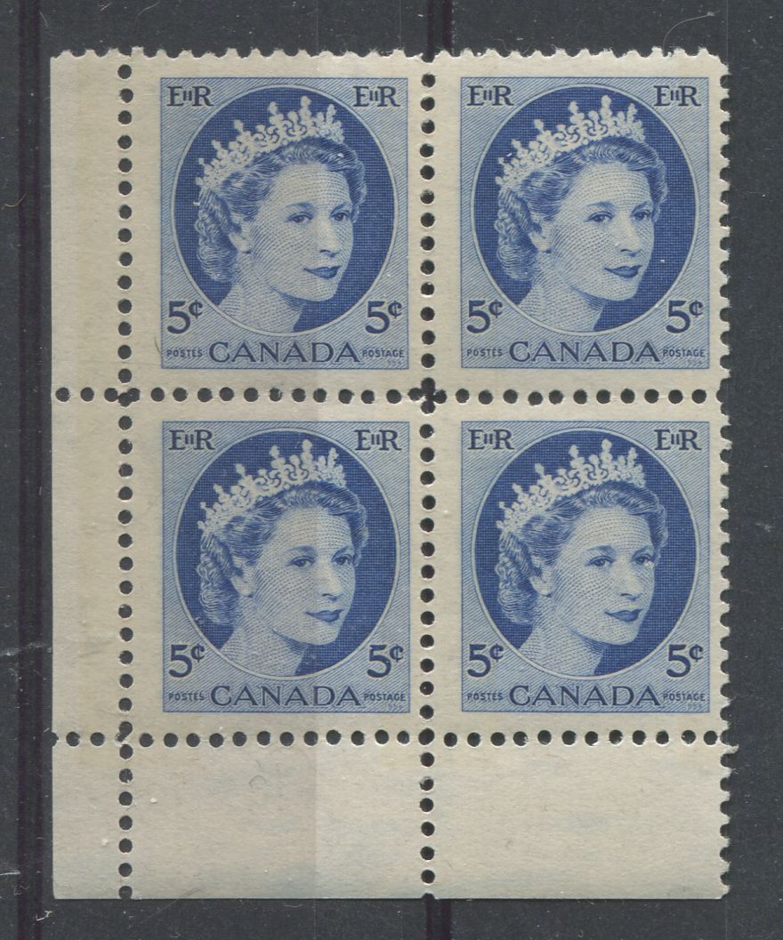 Canada #341p (SG#467p) 5c Dark Blue 1954 Wilding Issue W2B LL Block DF GW Ribbed Paper F-70 NH Brixton Chrome 