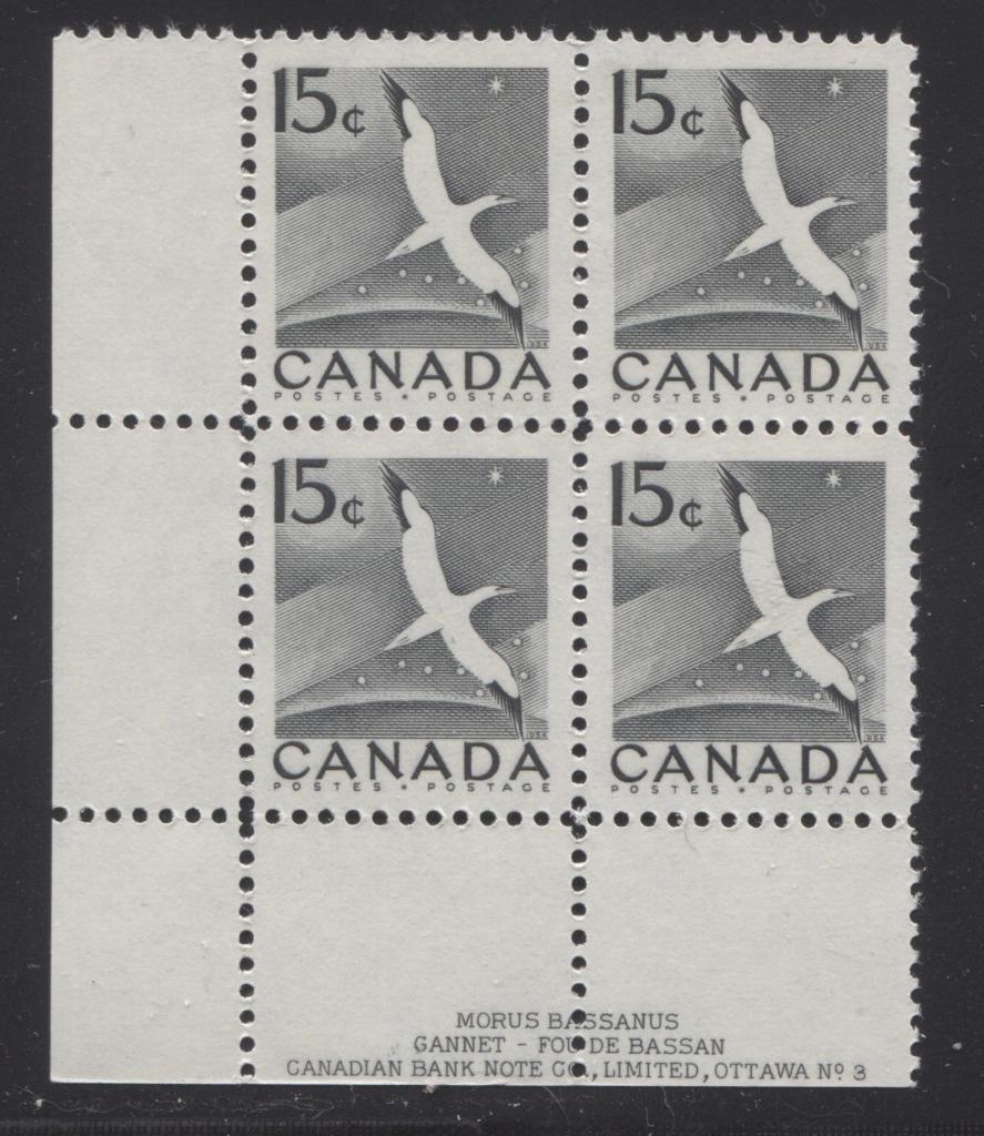 Canada #343 (SG#474) 15c Gannet 1954-62 Wilding Issue Plate 3 LL DFGr. Mottled VF-80 NH Brixton Chrome 